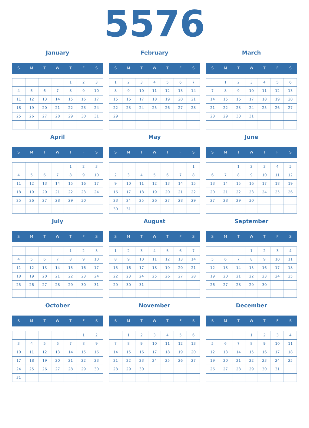 Printable 5576 Year Calendars blue