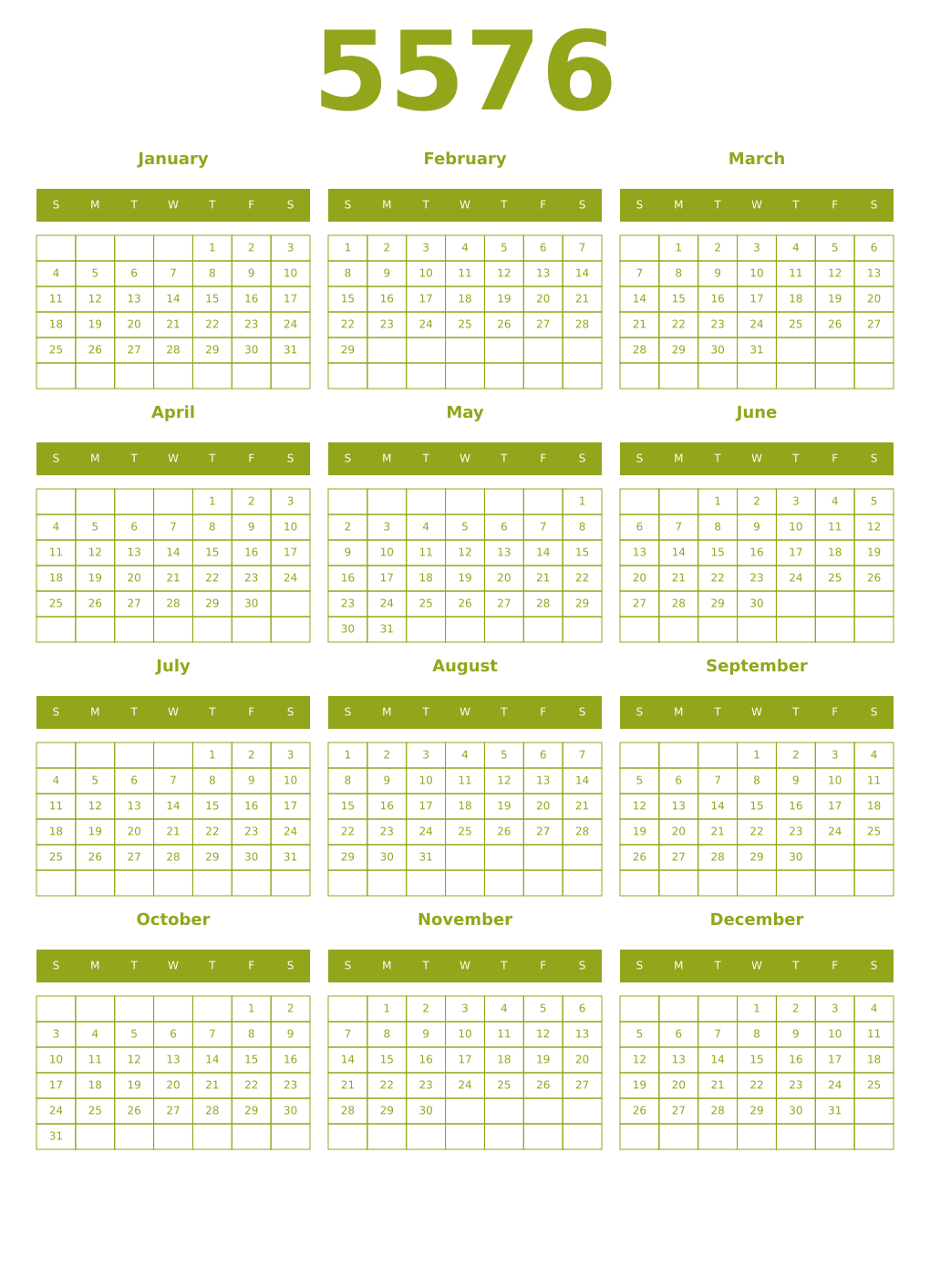 Printable 5576 Year Calendars chartreuse