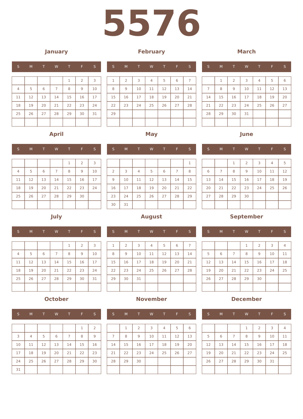 Printable 5576 Year Calendars coffe