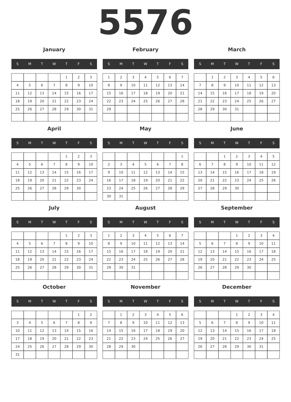 Printable 5576 Year Calendars dark