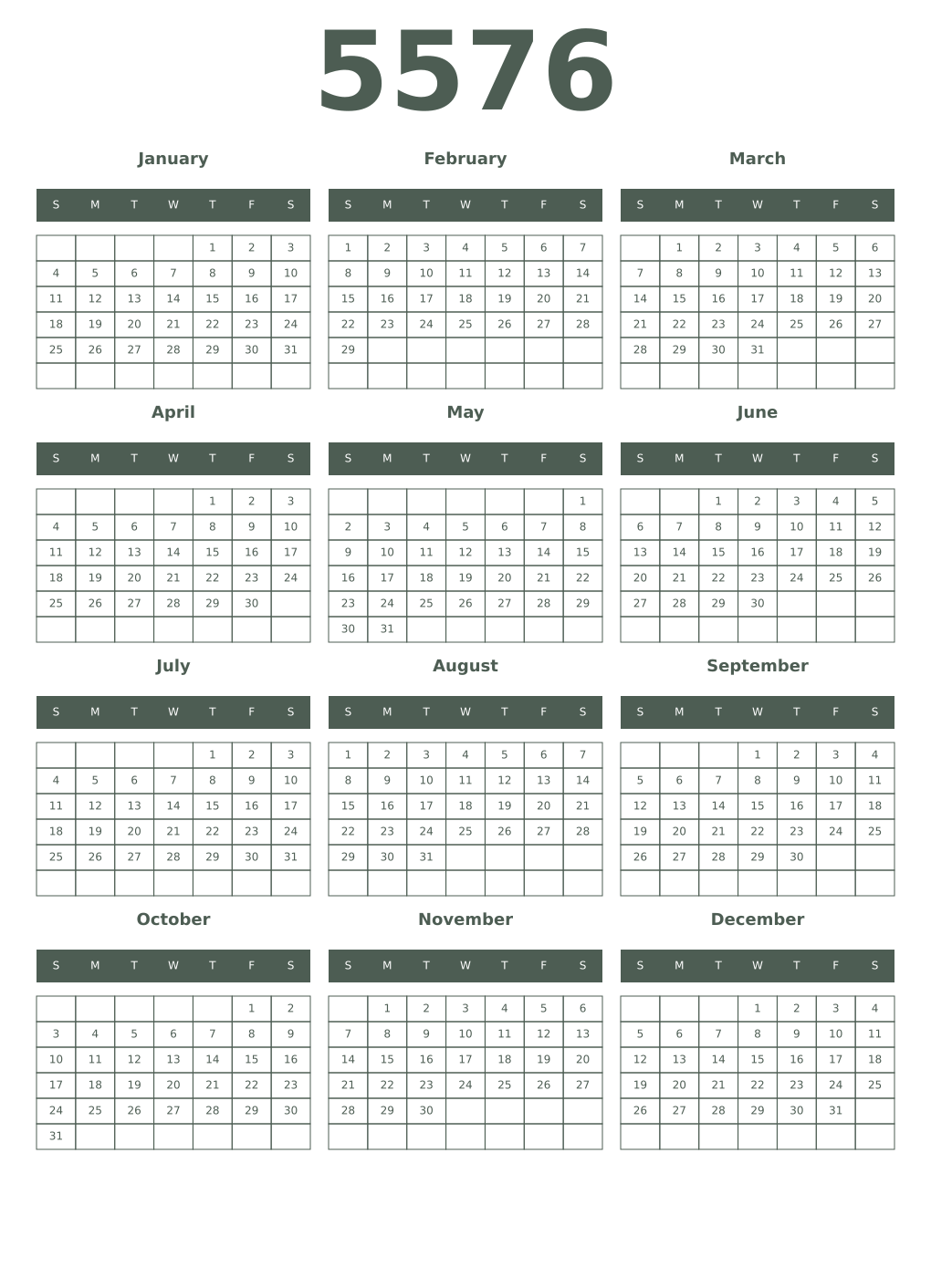 Printable 5576 Year Calendars feldgrau