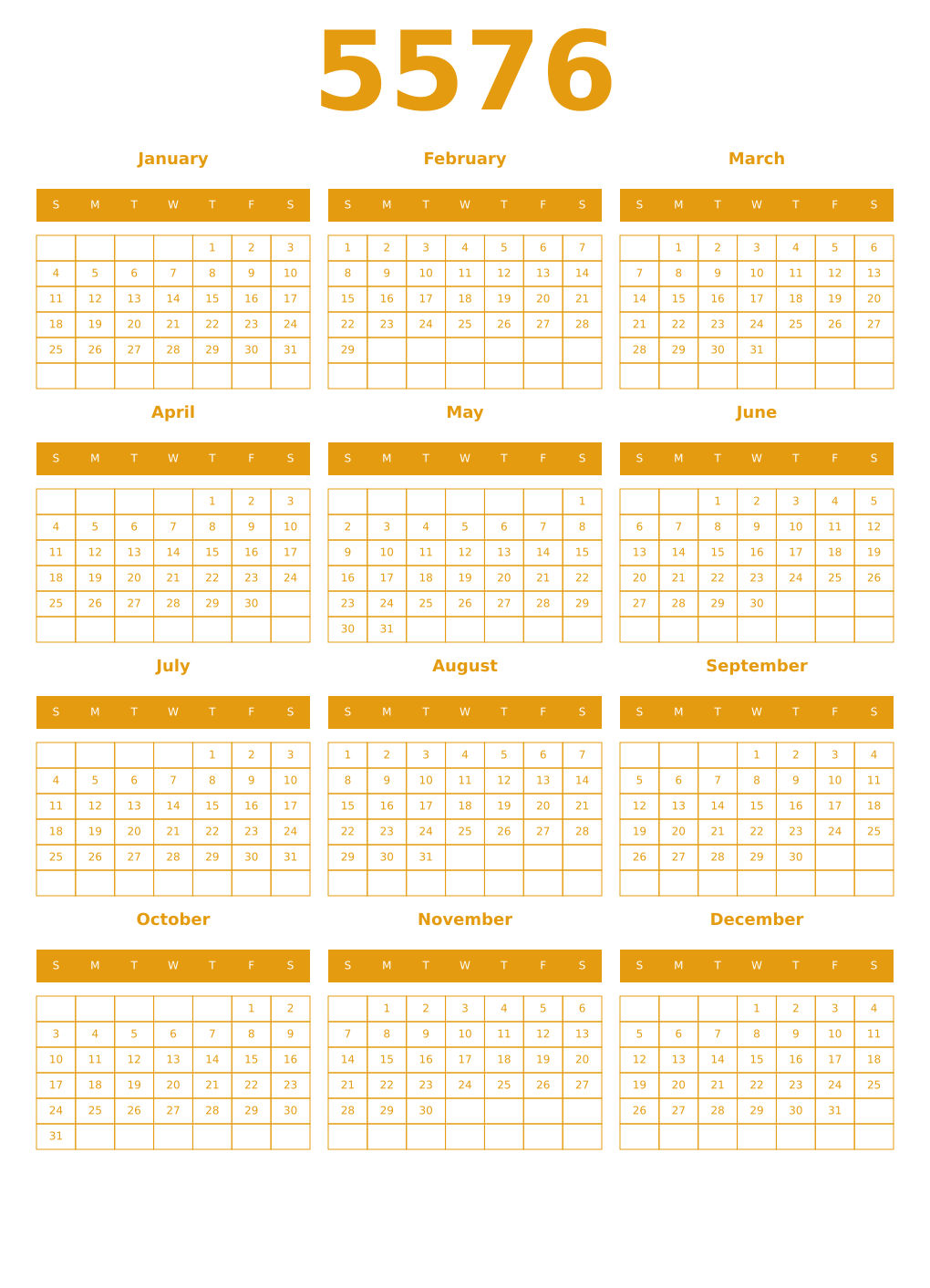 Printable 5576 Year Calendars gamboge