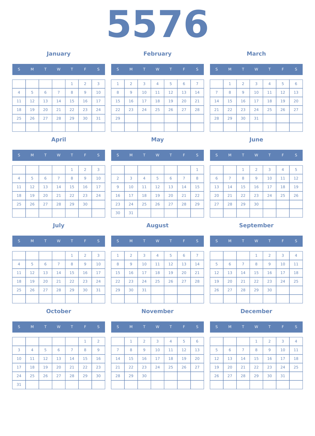 Printable 5576 Year Calendars glaucous