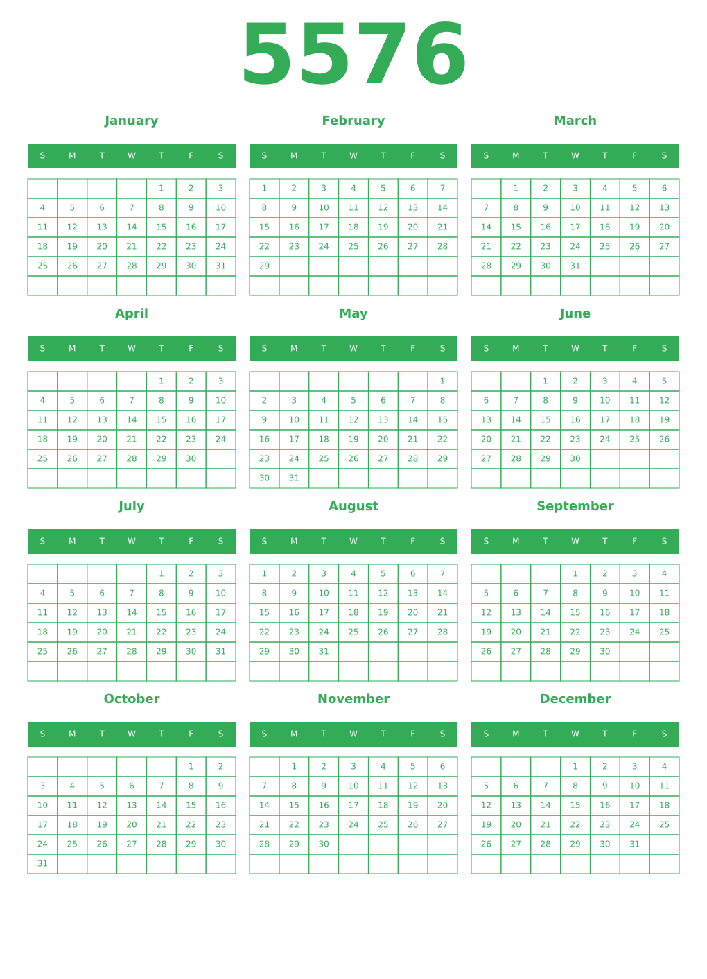 Printable 5576 Year Calendars green