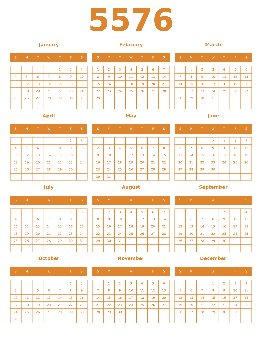 Printable 5576 Year Calendars orange