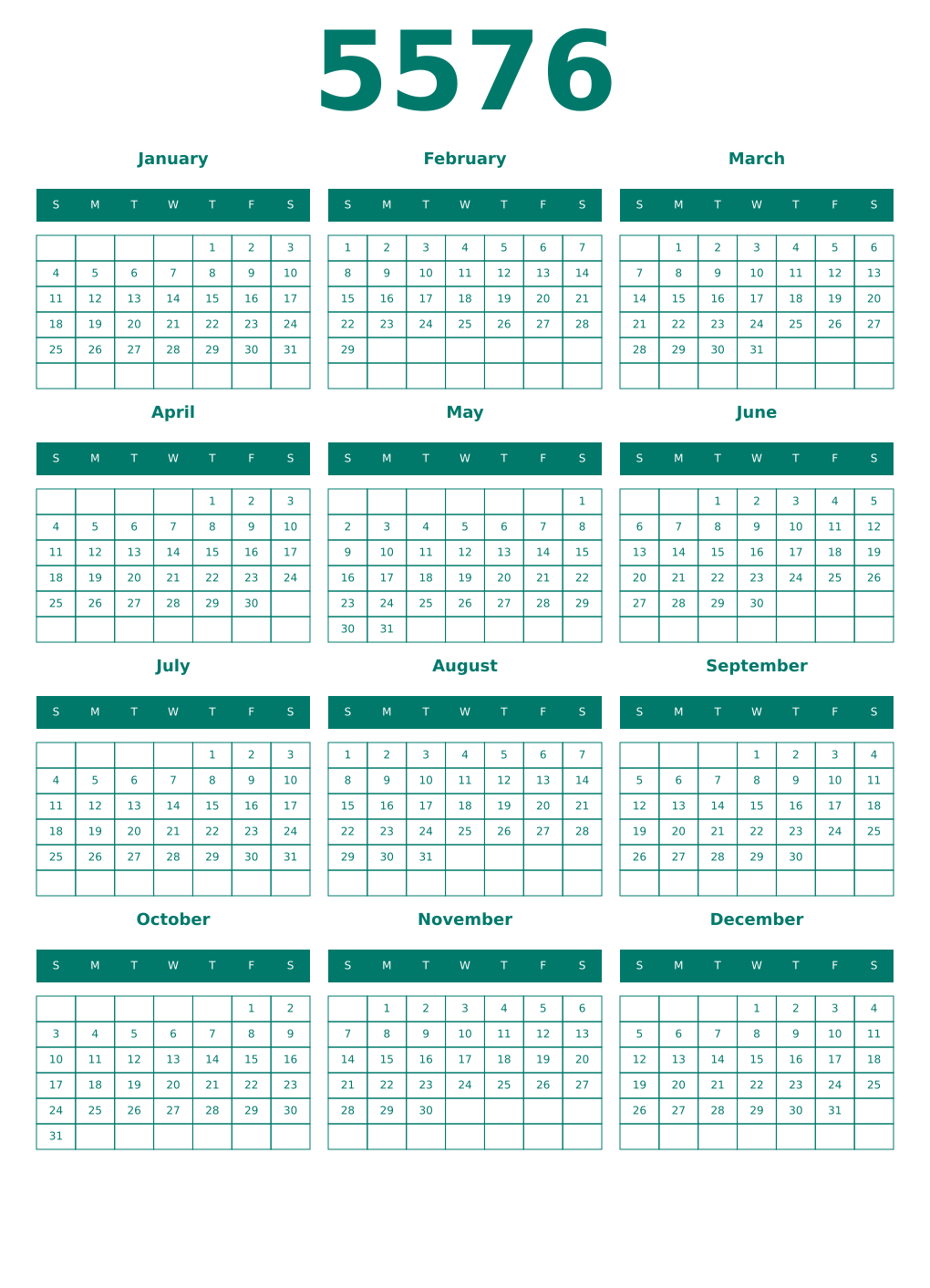 Printable 5576 Year Calendars pastel