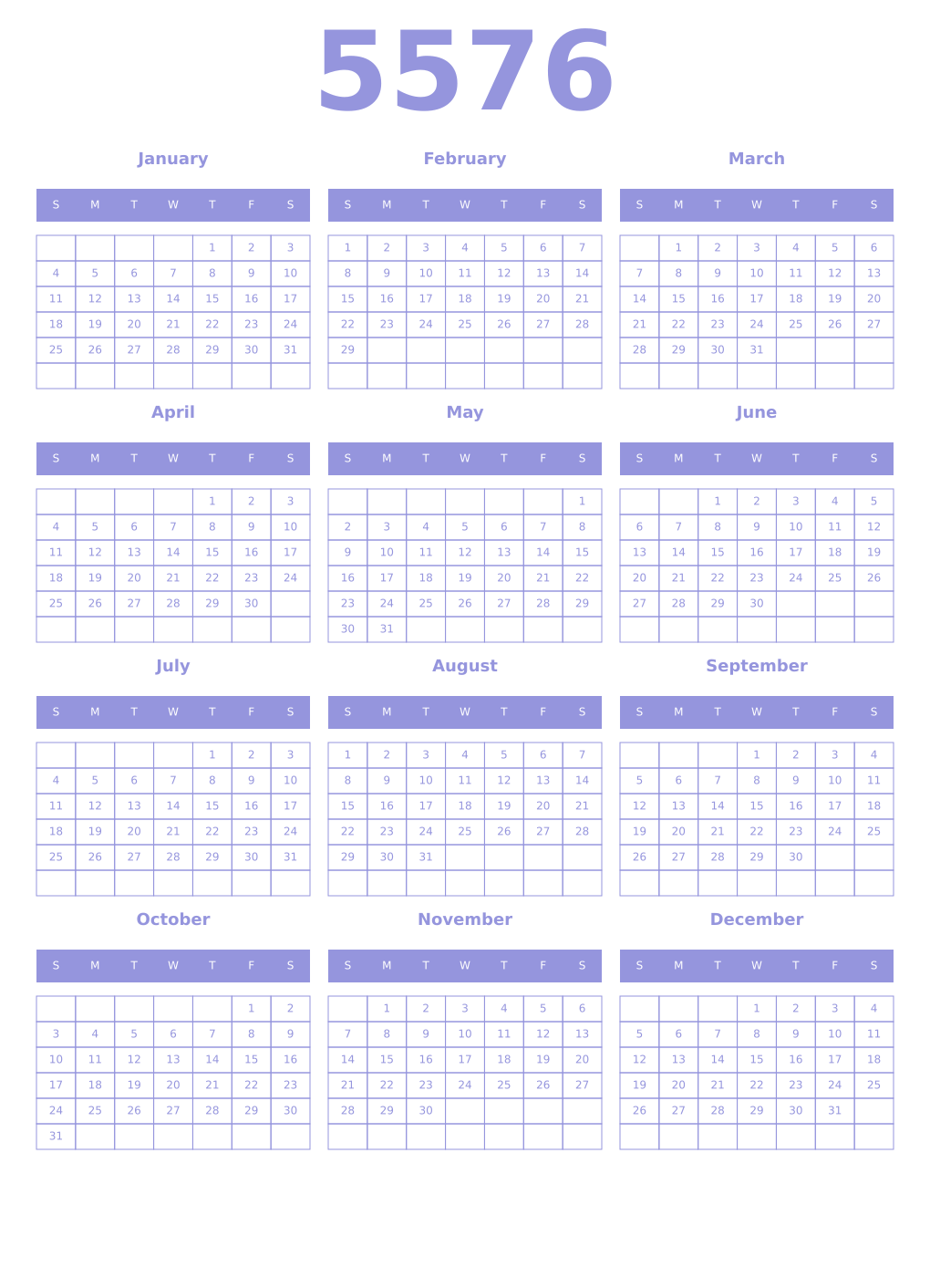 Printable 5576 Year Calendars periwinkle