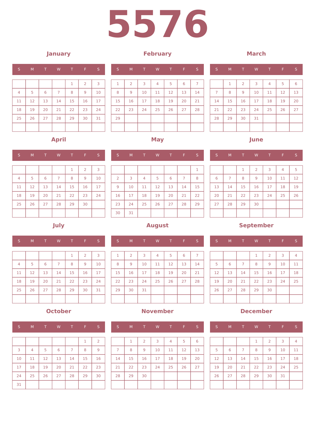 Printable 5576 Year Calendars puce