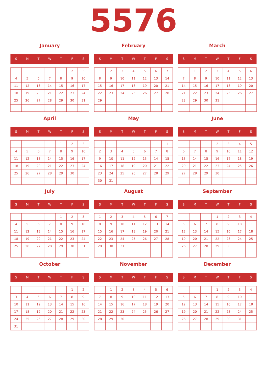 Printable 5576 Year Calendars red