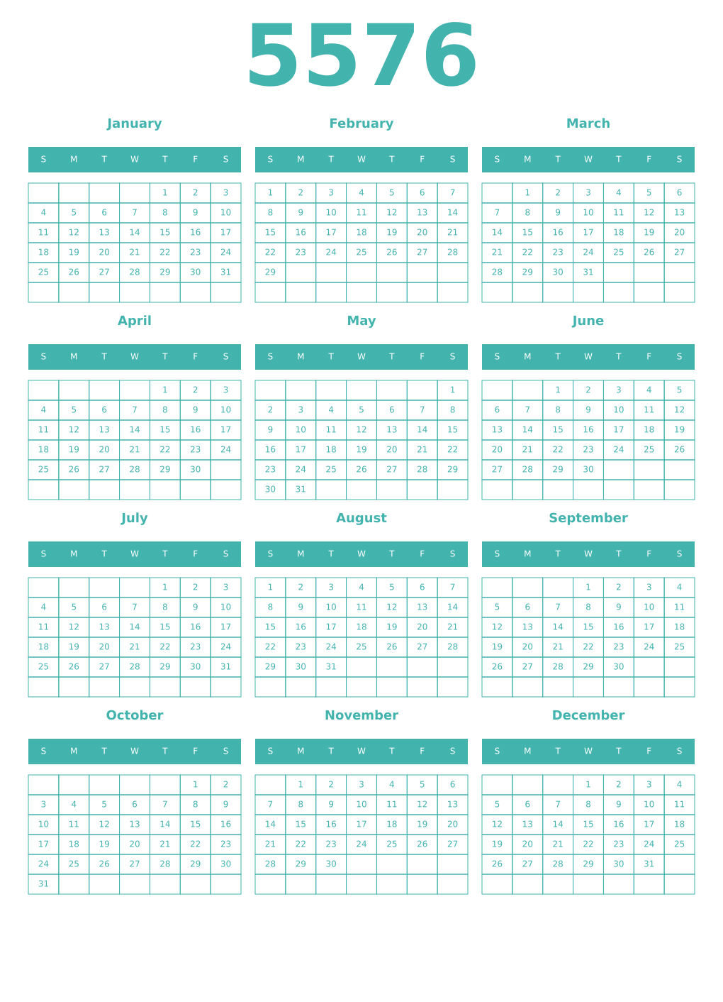 Printable 5576 Year Calendars verdigris