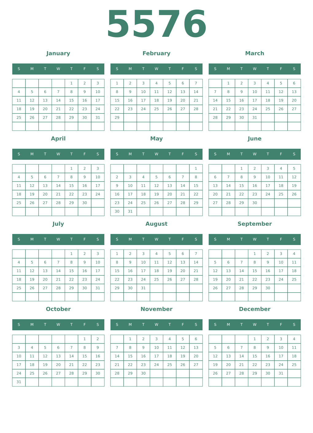 Printable 5576 Year Calendars viridian