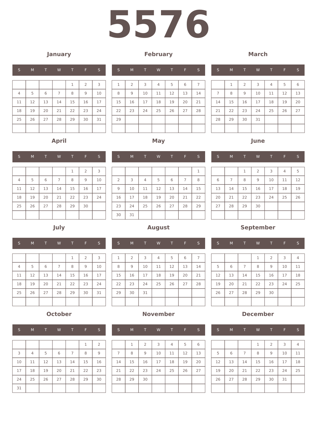 Printable 5576 Year Calendars wenge