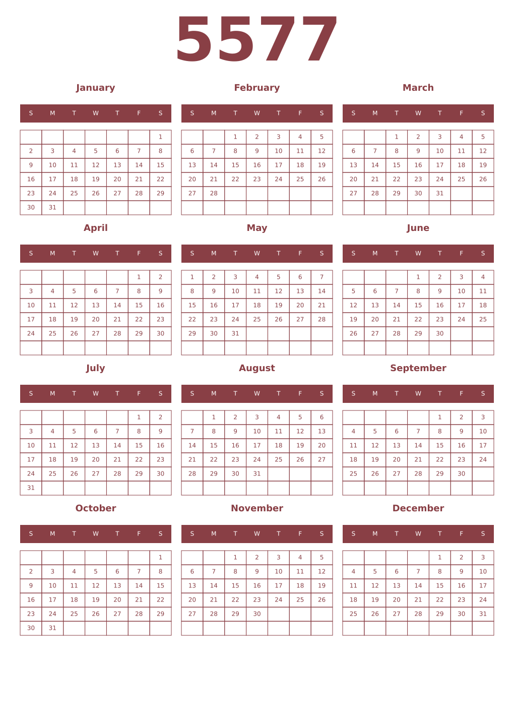 Printable 5577 Year Calendars cordovan