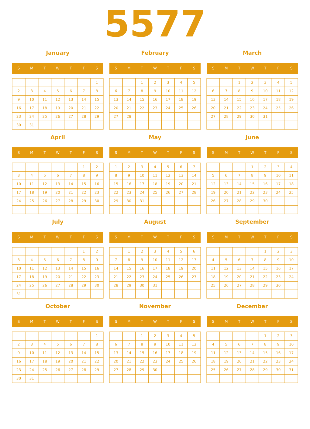 Printable 5577 Year Calendars gamboge