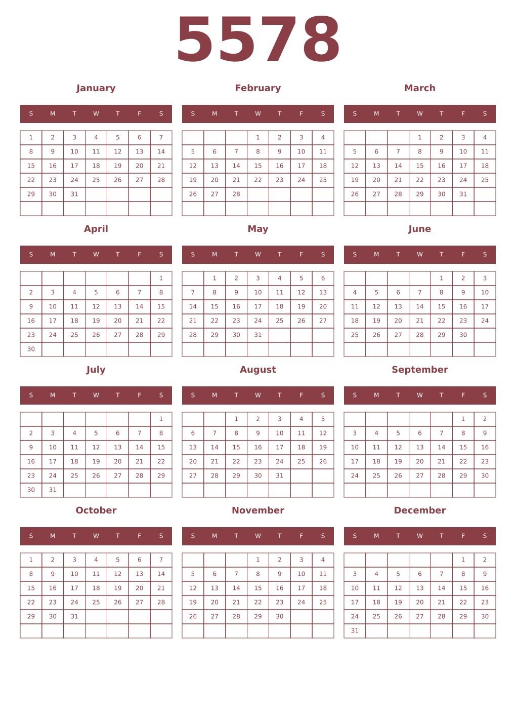 Printable 5578 Year Calendars cordovan