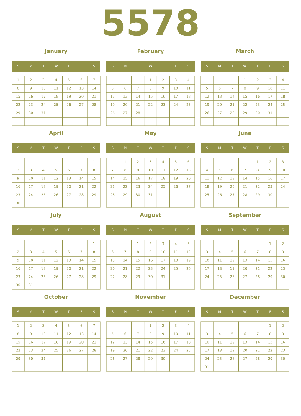 Printable 5578 Year Calendars eburnean