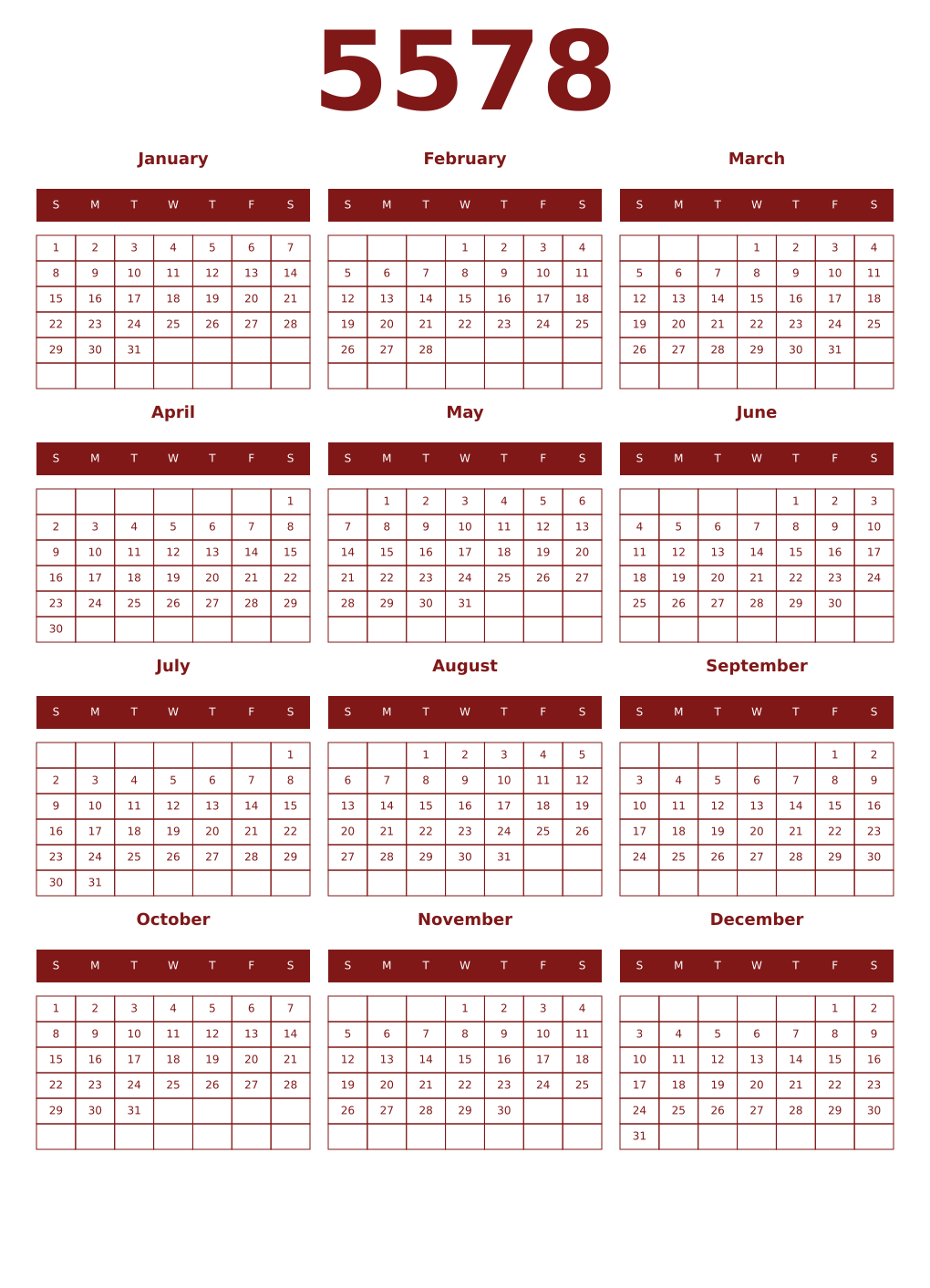 Printable 5578 Year Calendars falu
