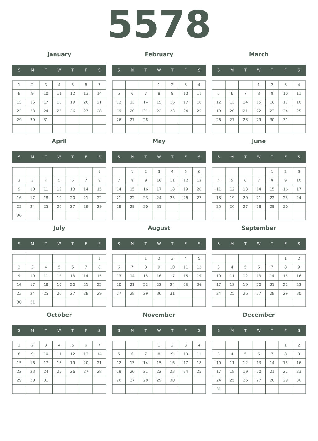 Printable 5578 Year Calendars feldgrau