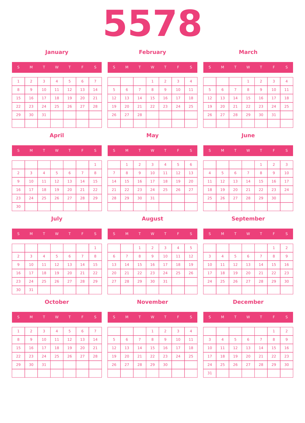Printable 5578 Year Calendars pink