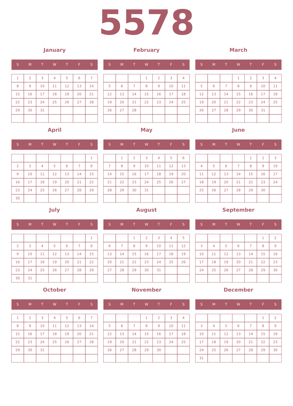 Printable 5578 Year Calendars puce
