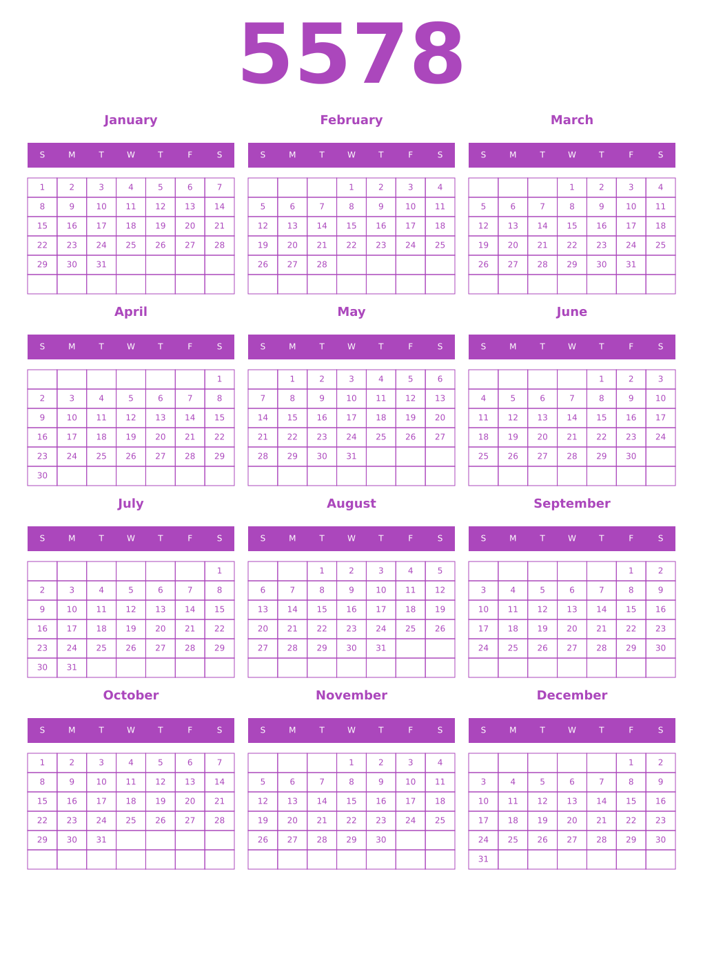 Printable 5578 Year Calendars purple