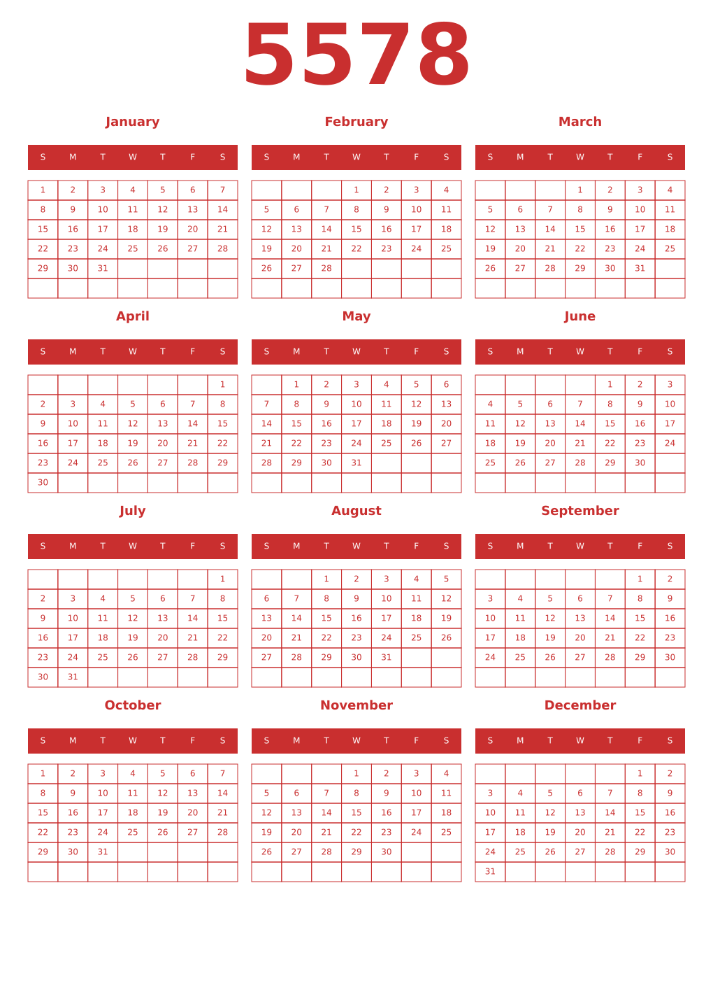 Printable 5578 Year Calendars red