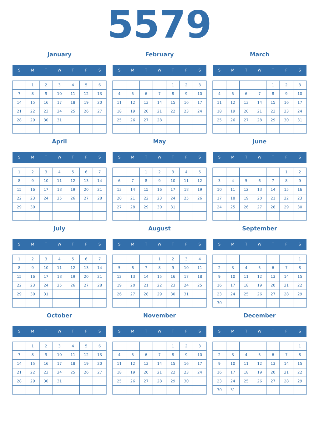 Printable 5579 Year Calendars blue
