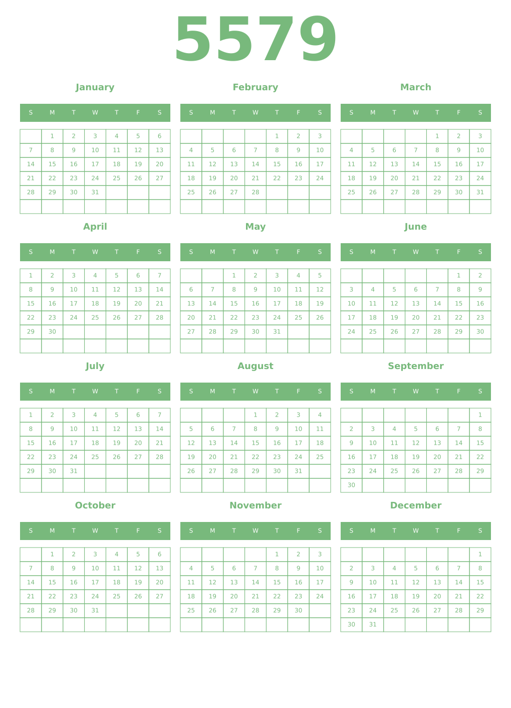 Printable 5579 Year Calendars celadon