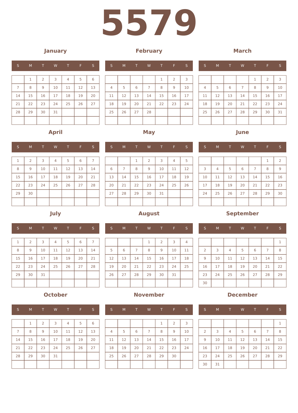 Printable 5579 Year Calendars coffe