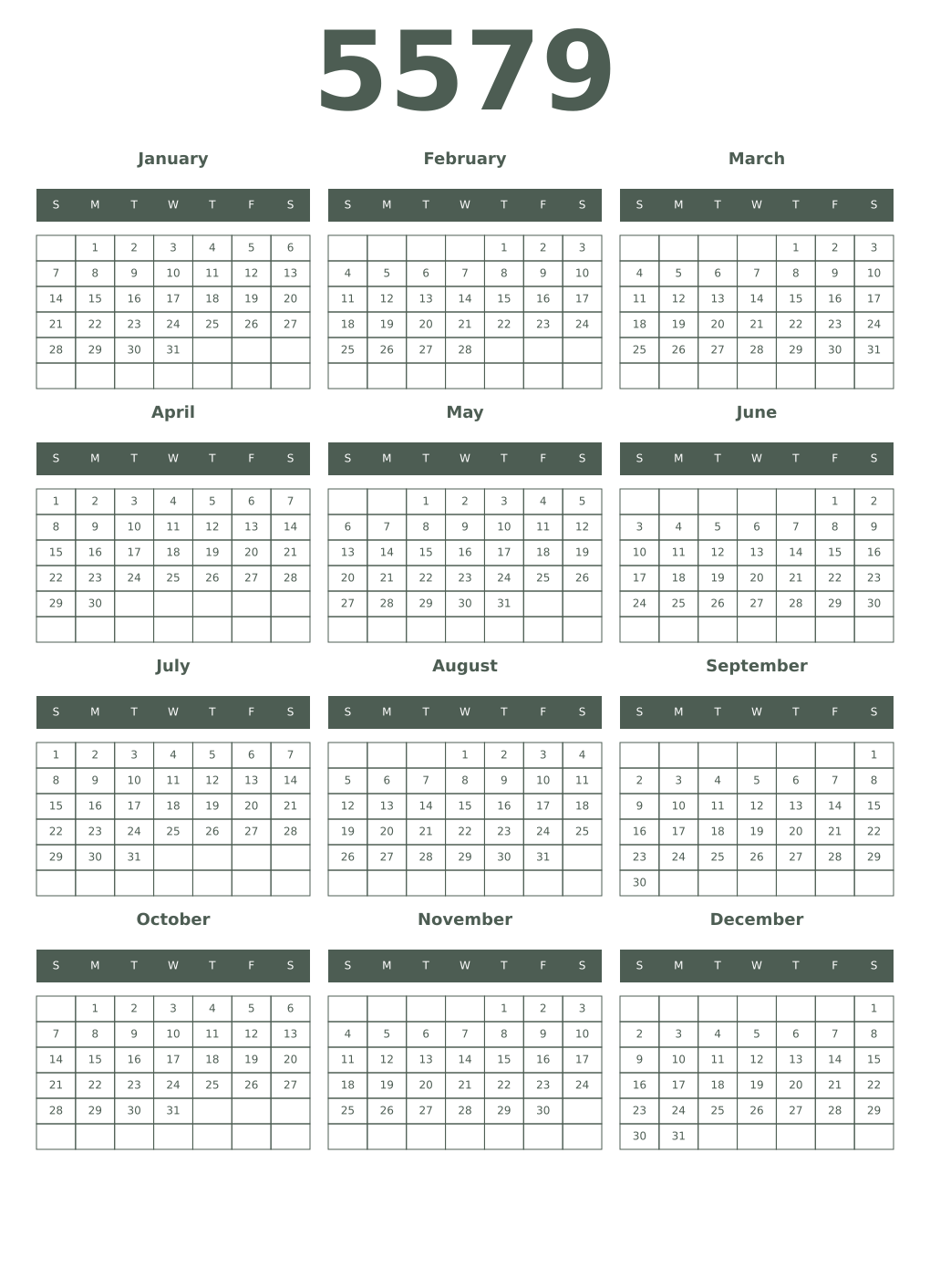 Printable 5579 Year Calendars feldgrau