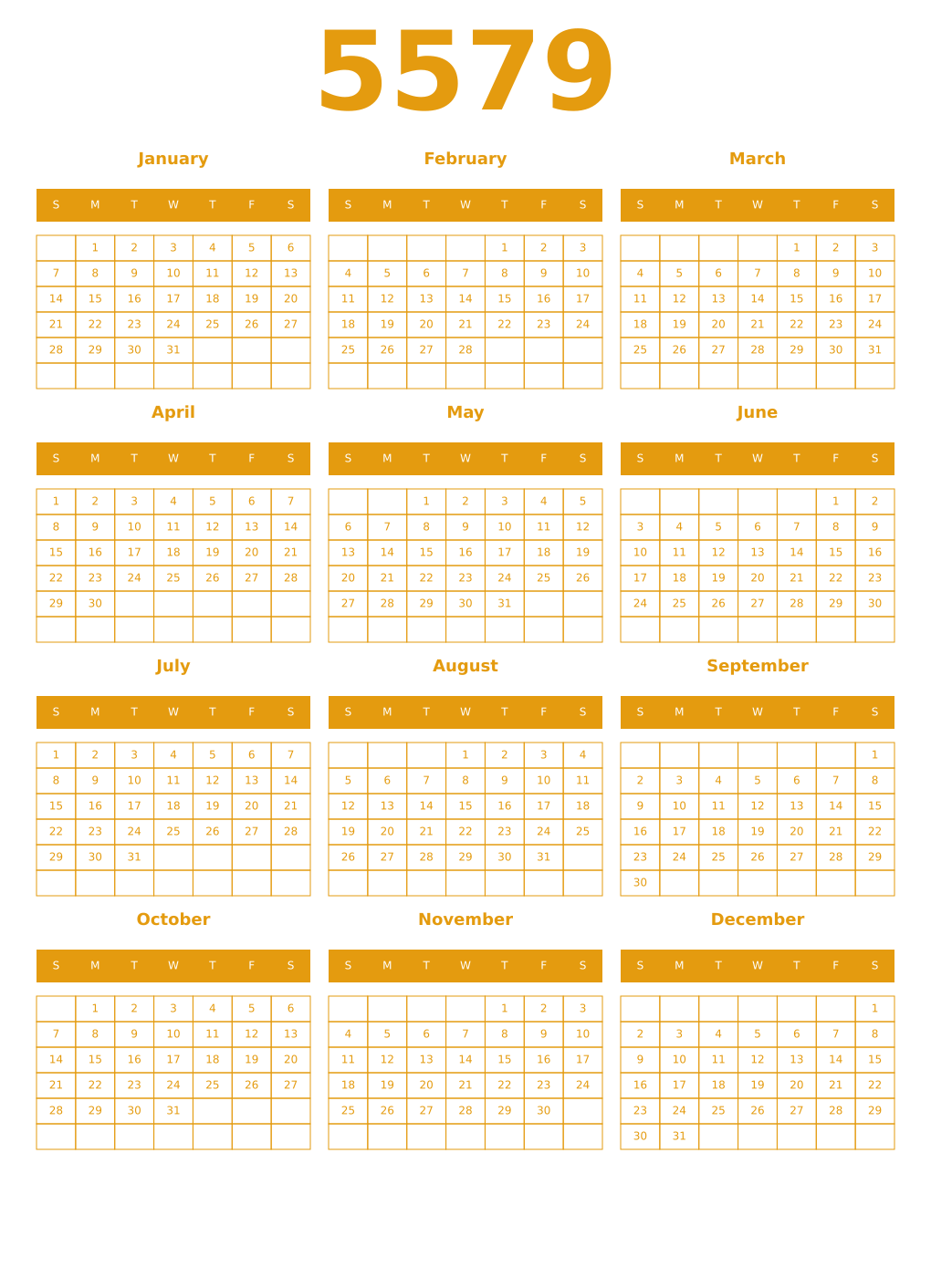 Printable 5579 Year Calendars gamboge