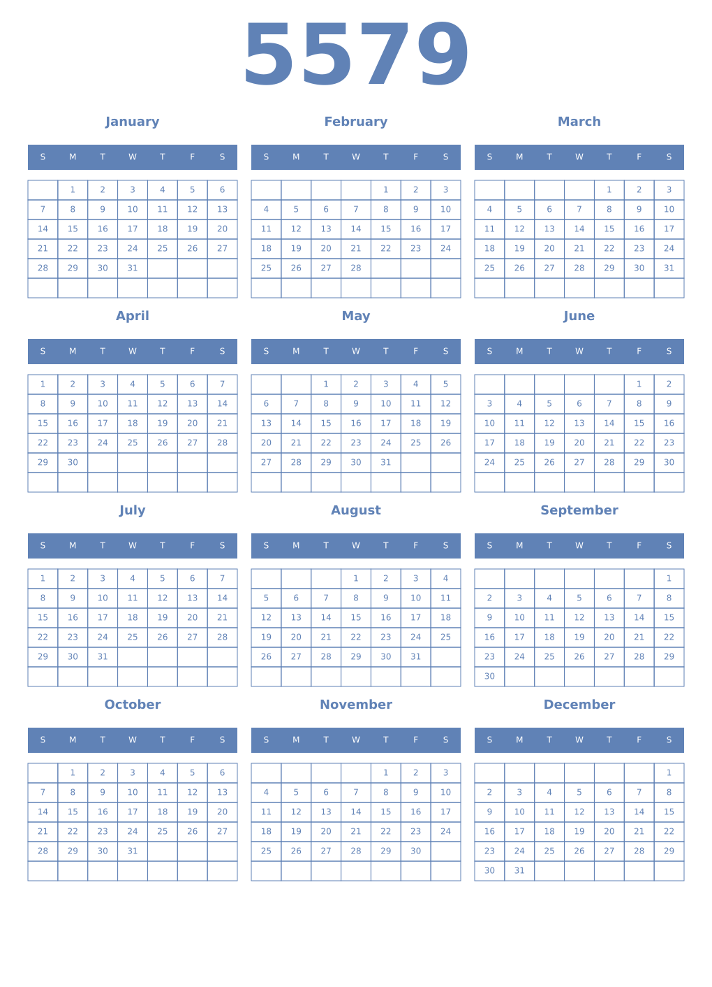 Printable 5579 Year Calendars glaucous
