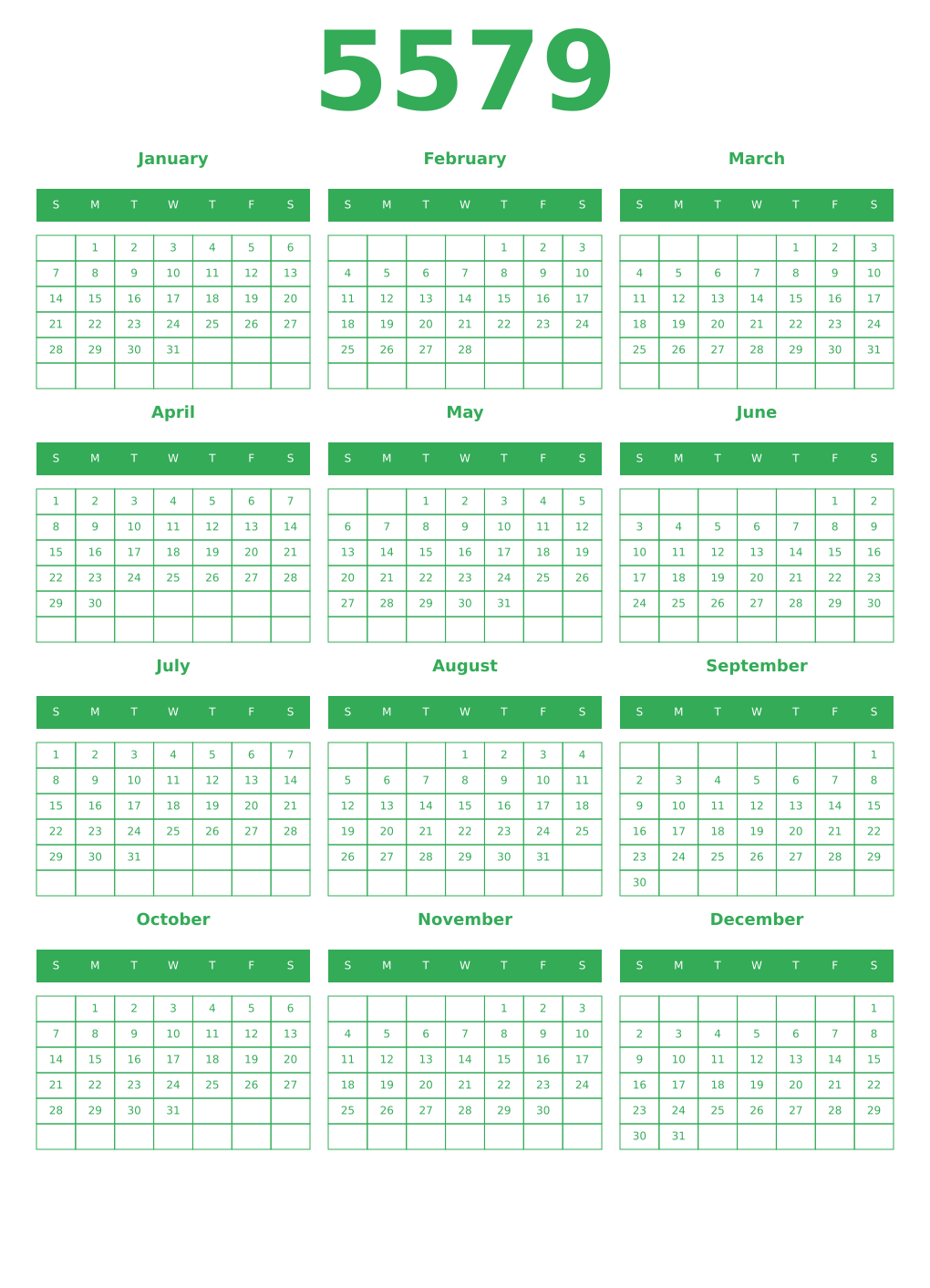 Printable 5579 Year Calendars green