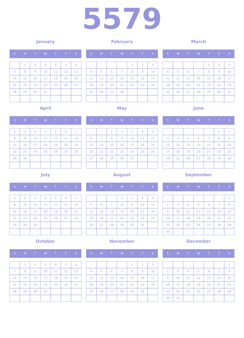 Printable 5579 Year Calendars periwinkle