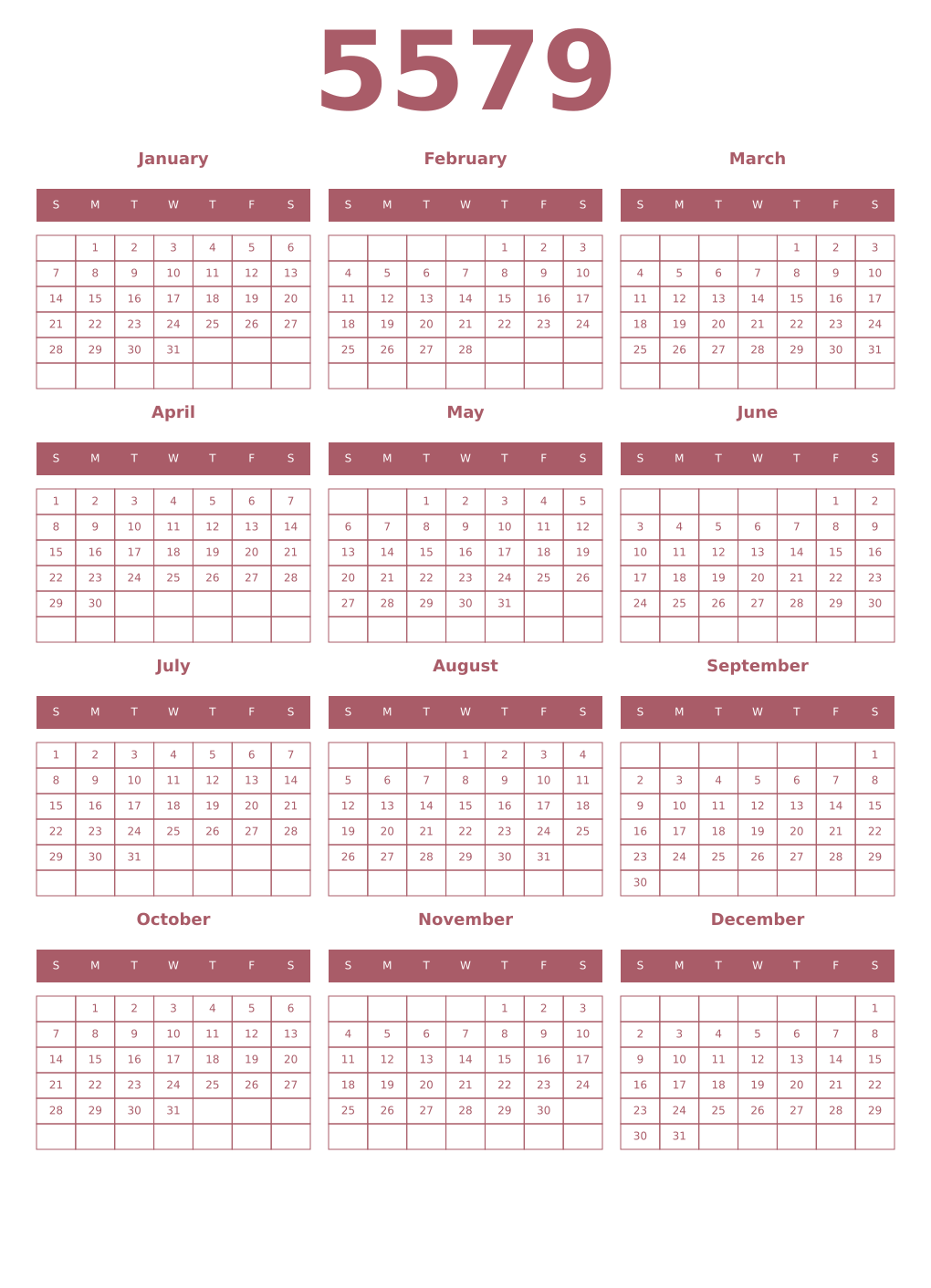 Printable 5579 Year Calendars puce