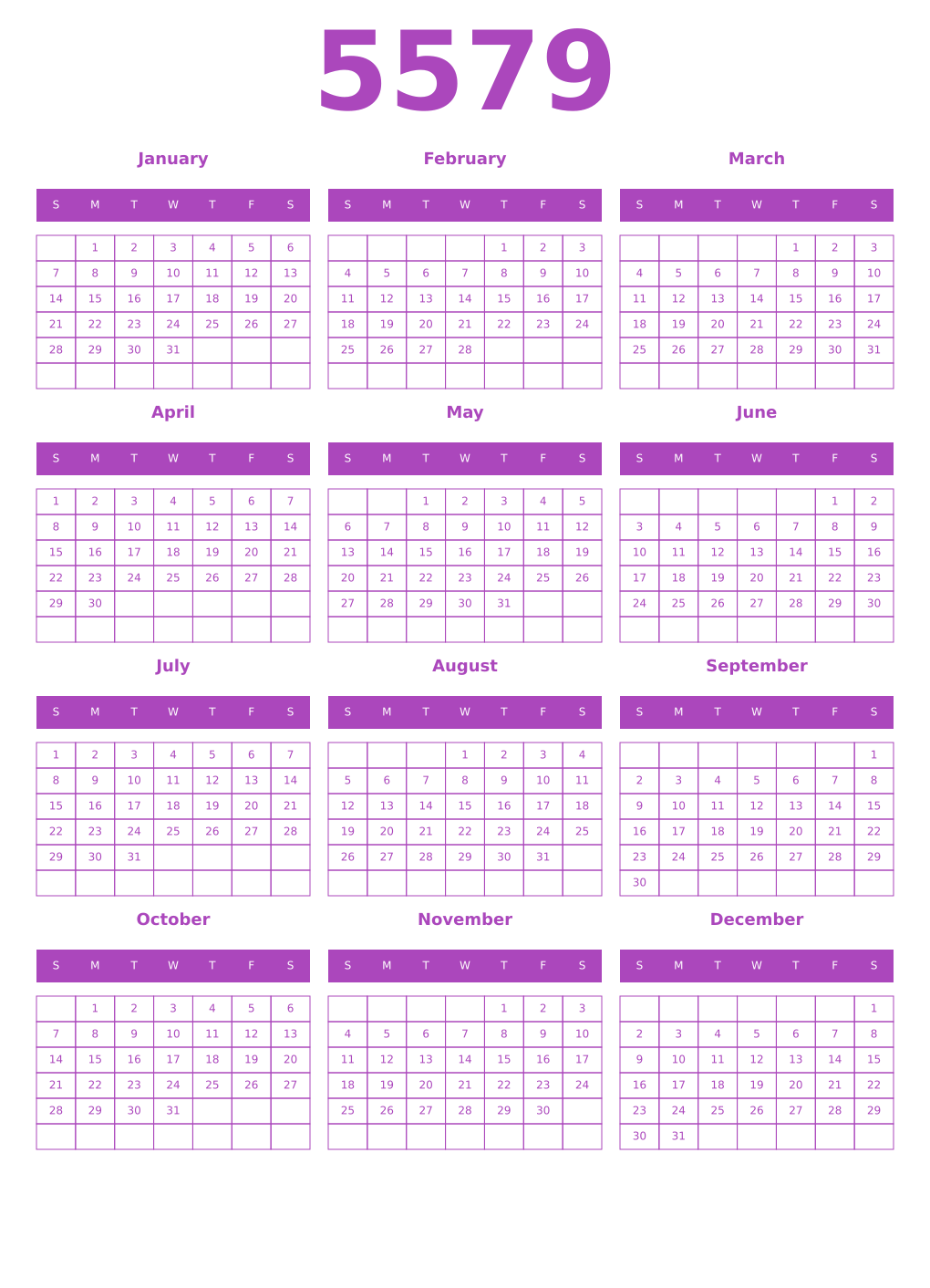 Printable 5579 Year Calendars purple