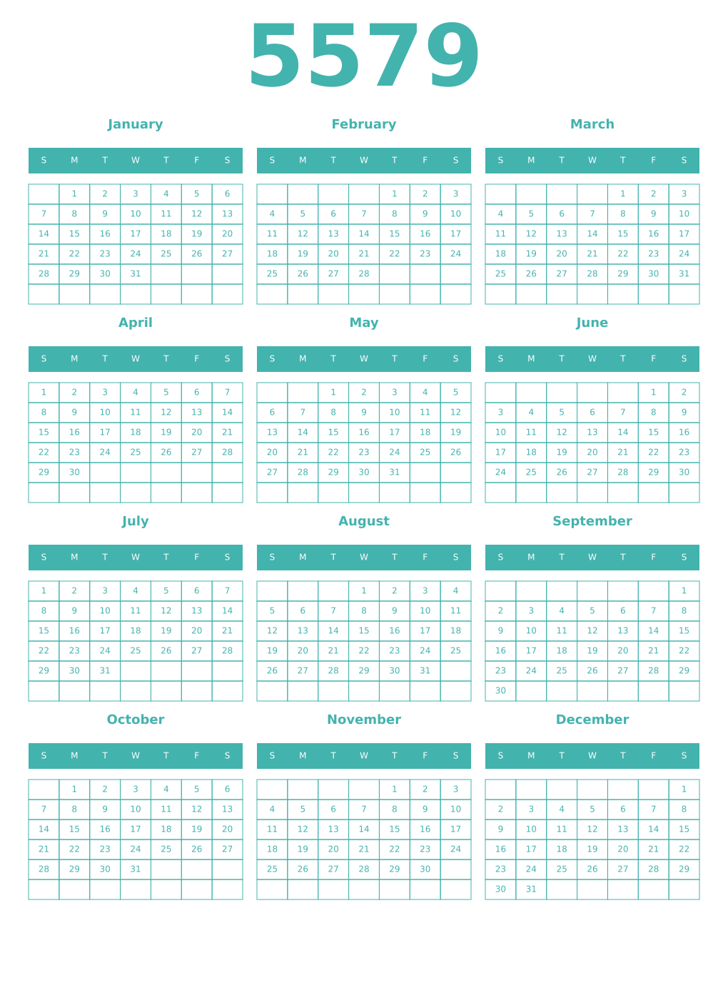 Printable 5579 Year Calendars verdigris