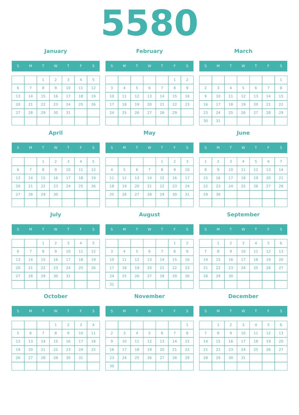 Printable 5580 Year Calendars verdigris