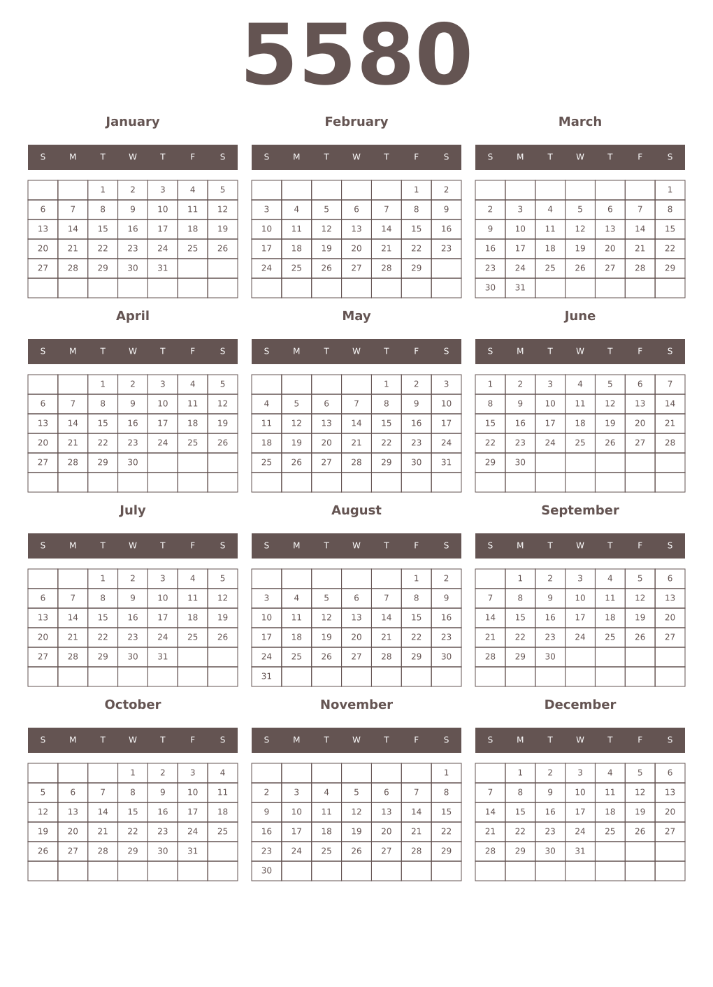 Printable 5580 Year Calendars wenge