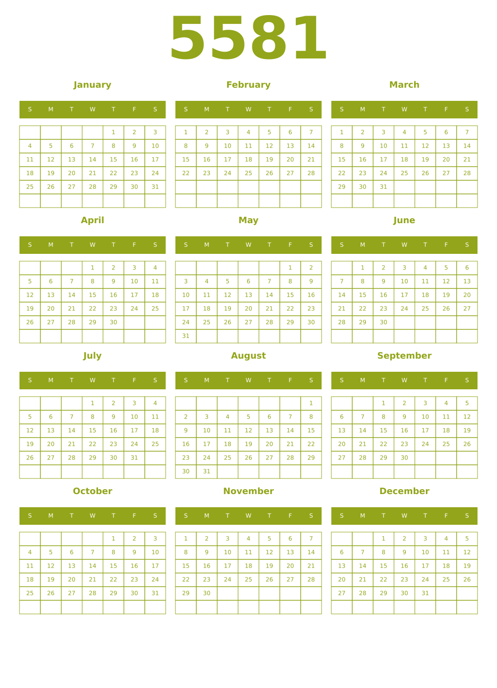 Printable 5581 Year Calendars chartreuse