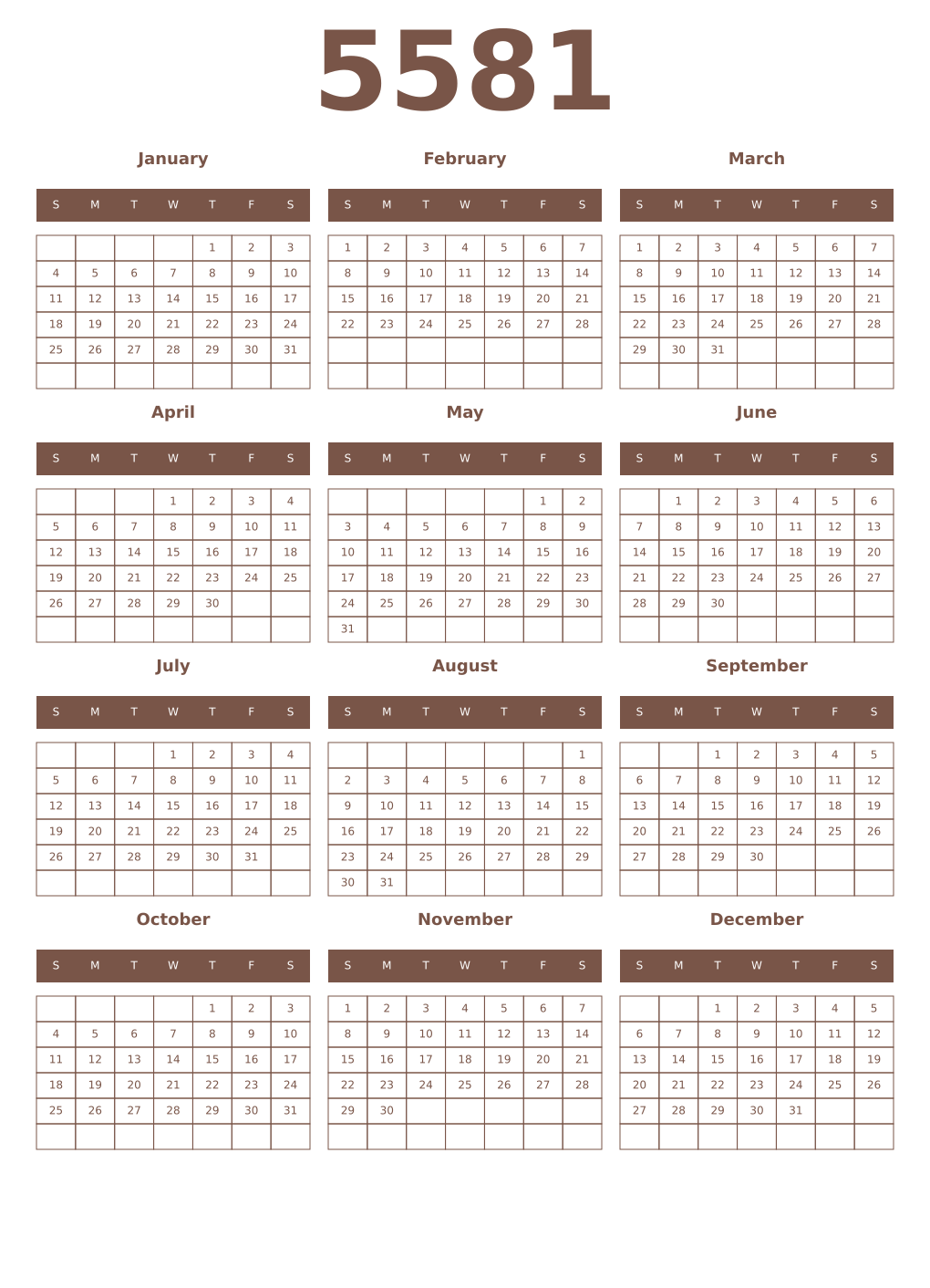 Printable 5581 Year Calendars coffe