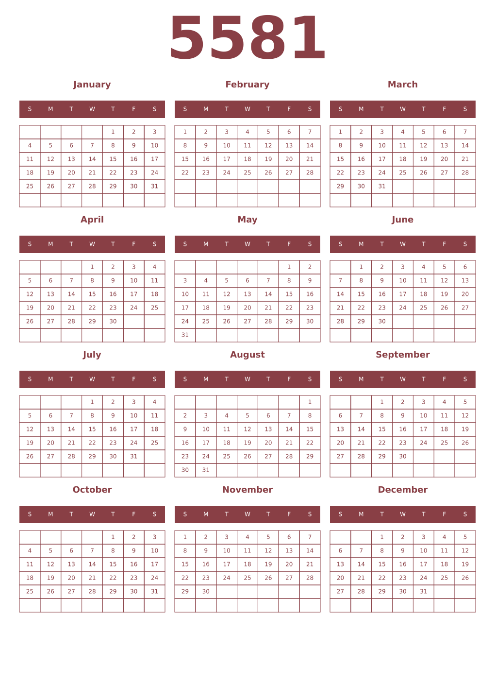 Printable 5581 Year Calendars cordovan