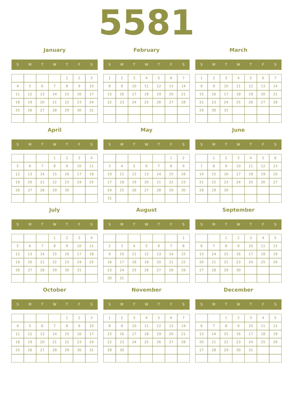 Printable 5581 Year Calendars eburnean