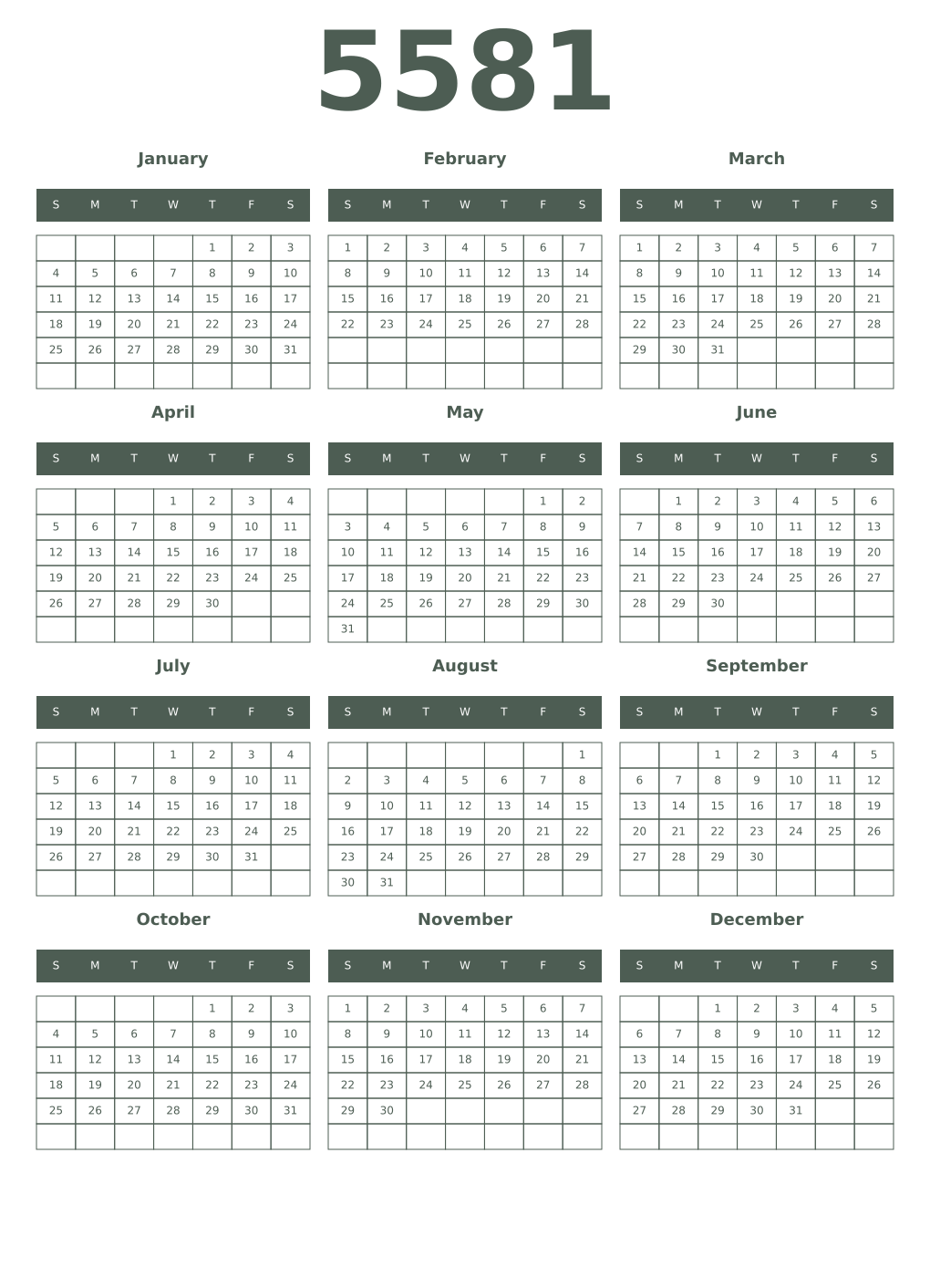 Printable 5581 Year Calendars feldgrau