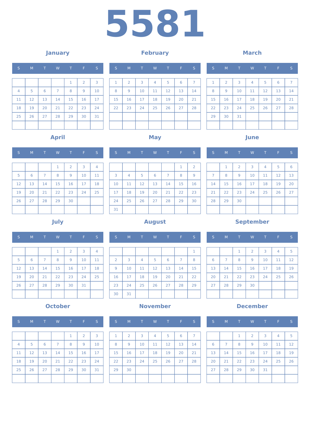Printable 5581 Year Calendars glaucous