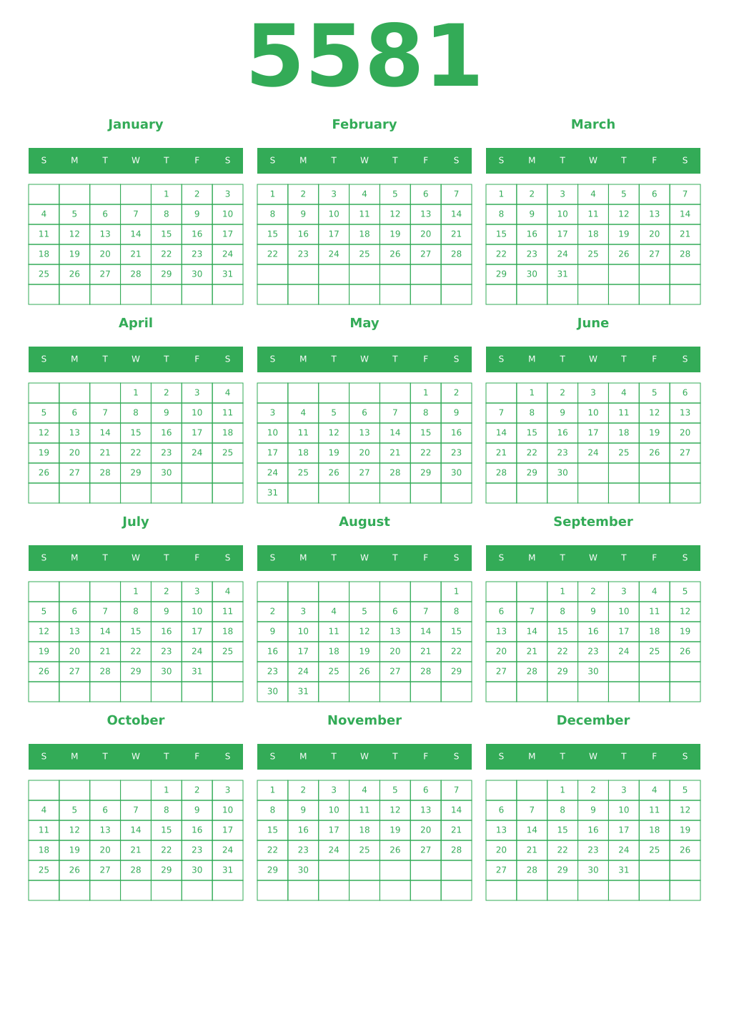 Printable 5581 Year Calendars green