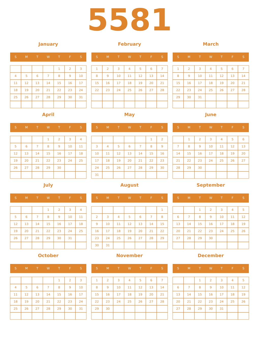 Printable 5581 Year Calendars orange