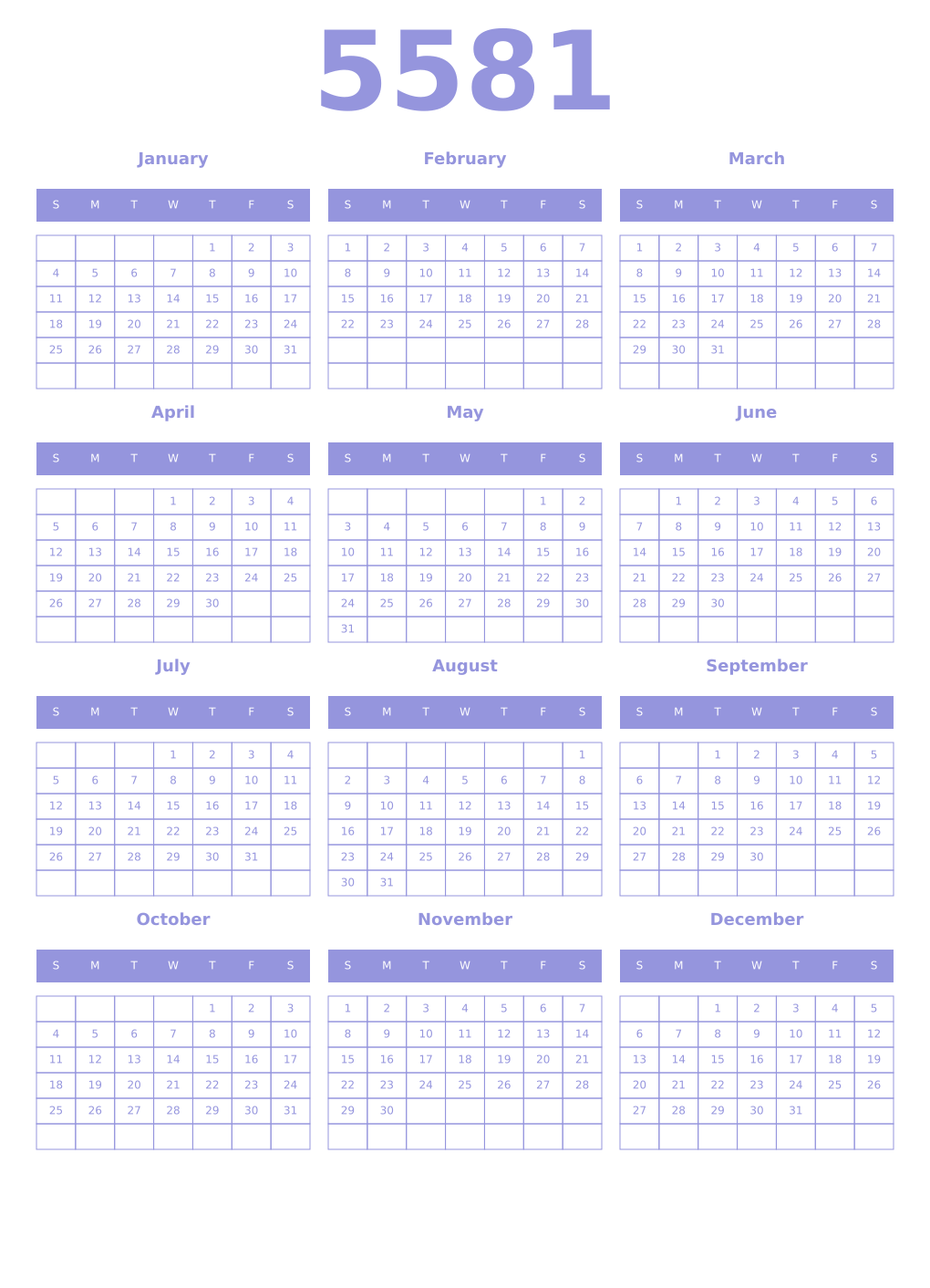 Printable 5581 Year Calendars periwinkle