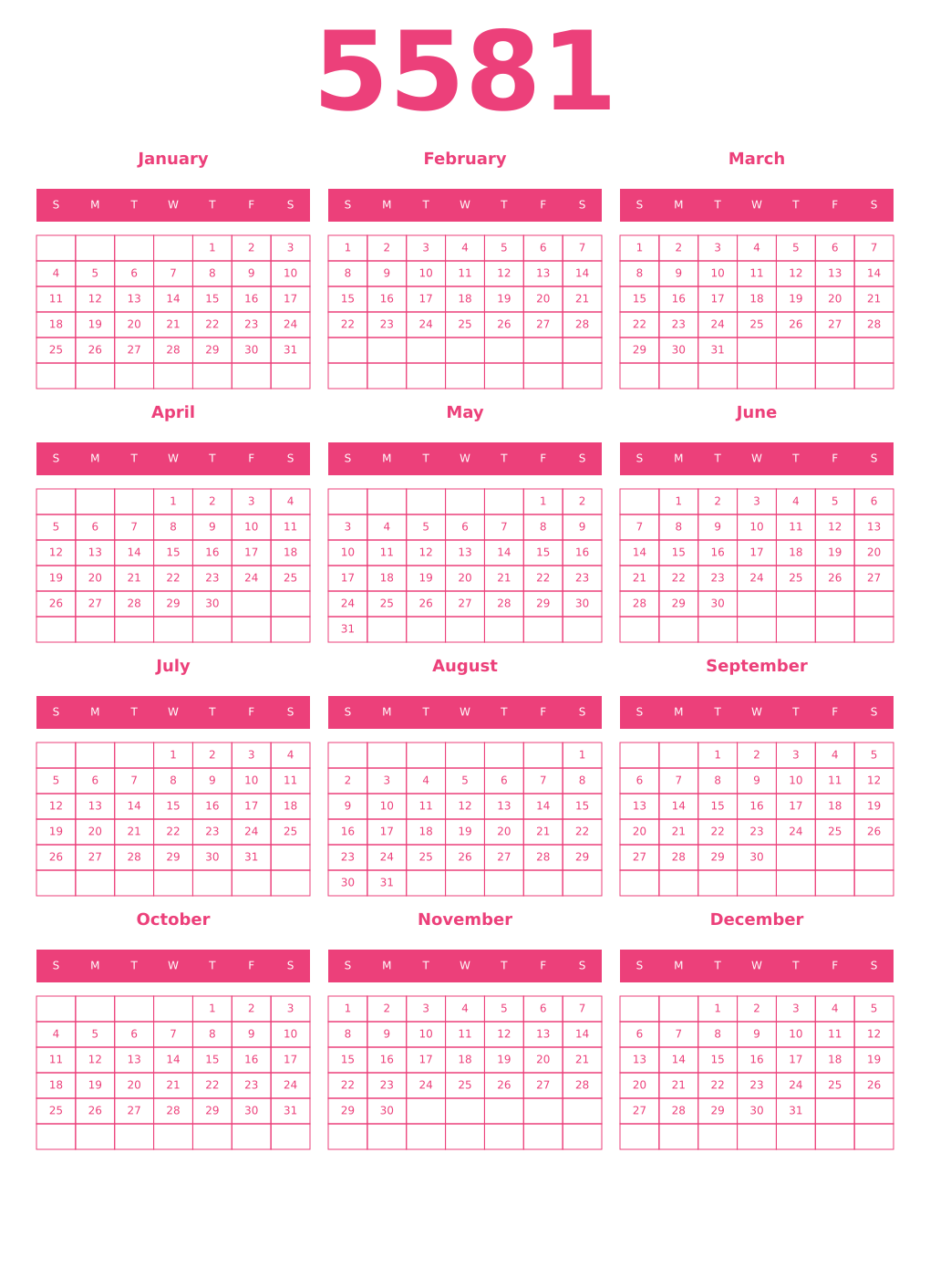 Printable 5581 Year Calendars pink