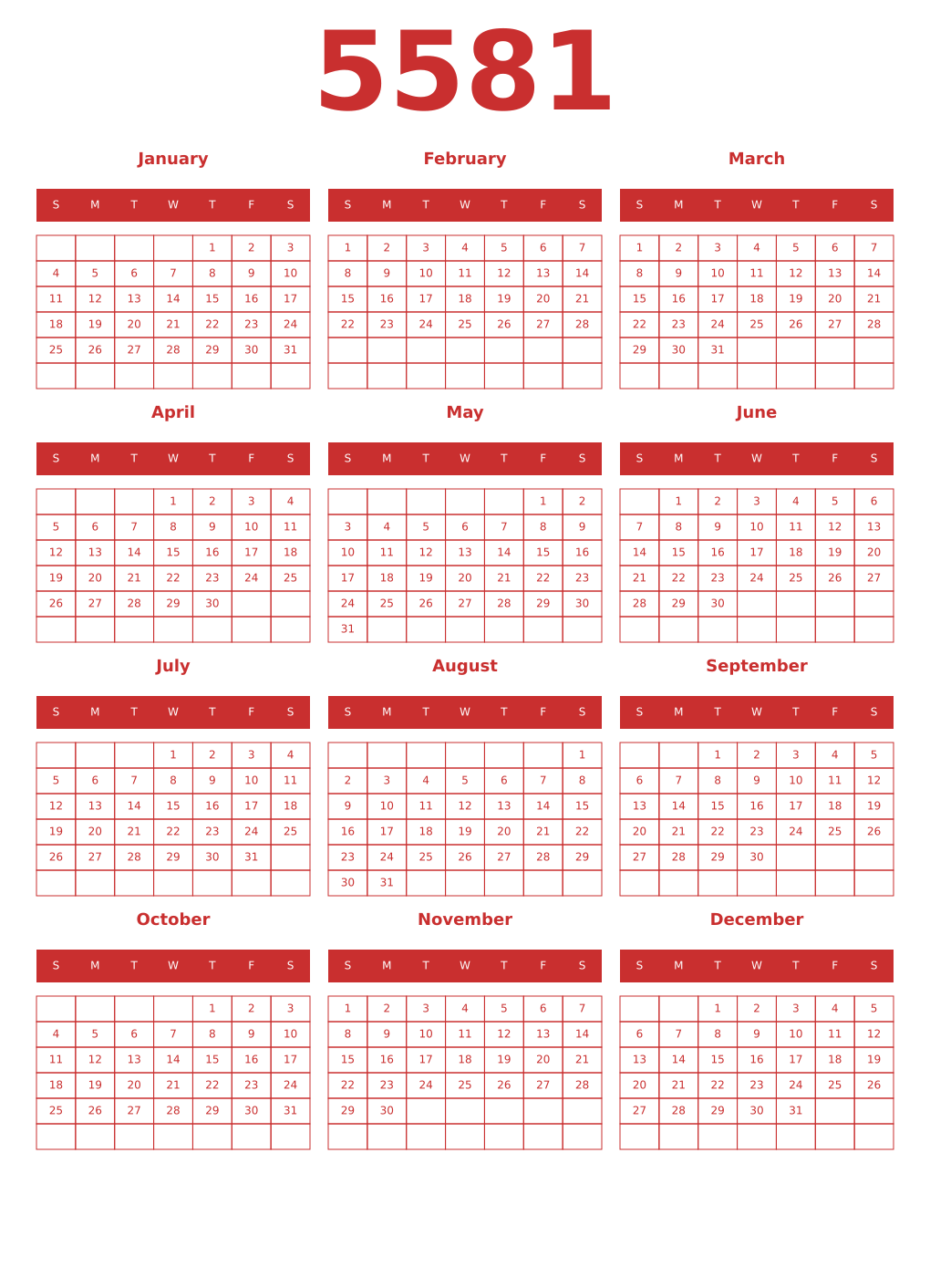 Printable 5581 Year Calendars red